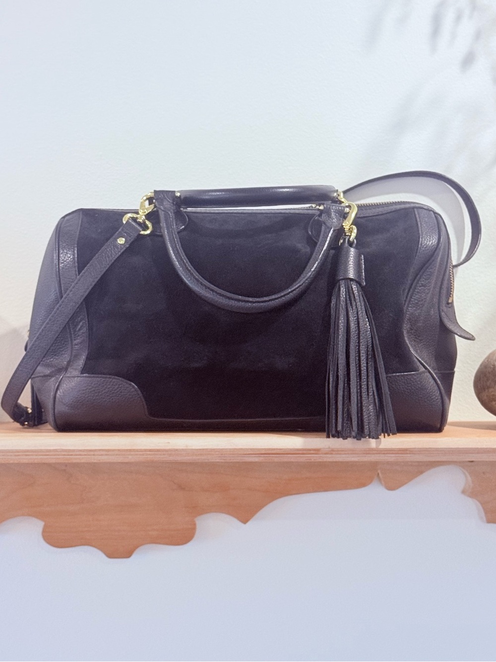 Banana Republic Vintage Suede Leather Mixed-Media Satchel Duffle Bag Black